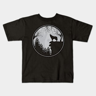 Wolf Howling at the Moon Grayscale Retro Silhouette Kids T-Shirt